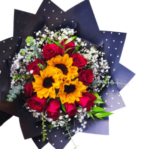 Ramo de Rosas Rojas y Girasoles con follaje