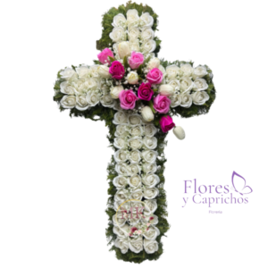 Cruz Fúnebre de Rosas Eternas Blancas y Rosadas