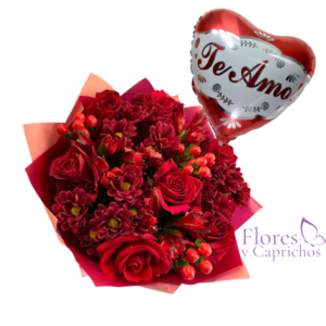Ramo con flores rojas y globo