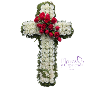 Cruz Fúnebre de Rosas Eternas Blancas y Rojas