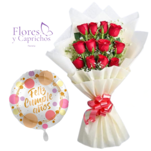 Ramo de 12 rosas mas globo