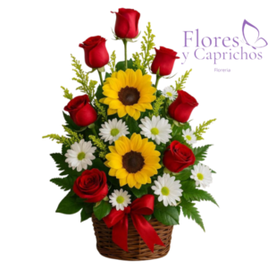 Canasta en Rosas y Girasoles