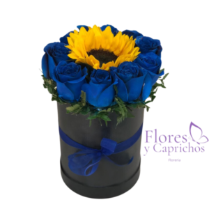 Box Con Girasol y Rosas Azules
