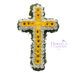 Cruz Fúnebre de Rosas y Girasoles Eternos